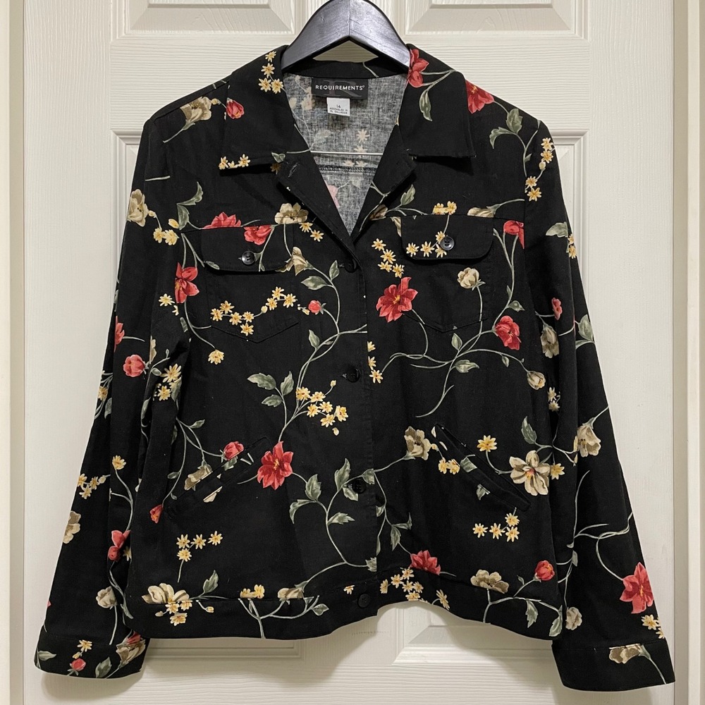 Requirements Linen Blend Button Up‎ Shirt Lightweight Jacket Black Floral Sz 14